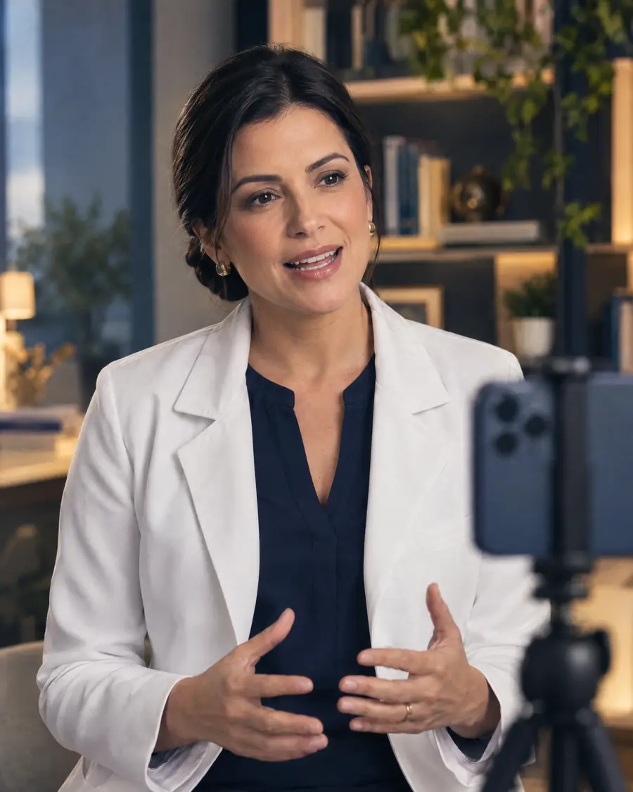 Médica gravando um vídeo com o celular em seu consultório
